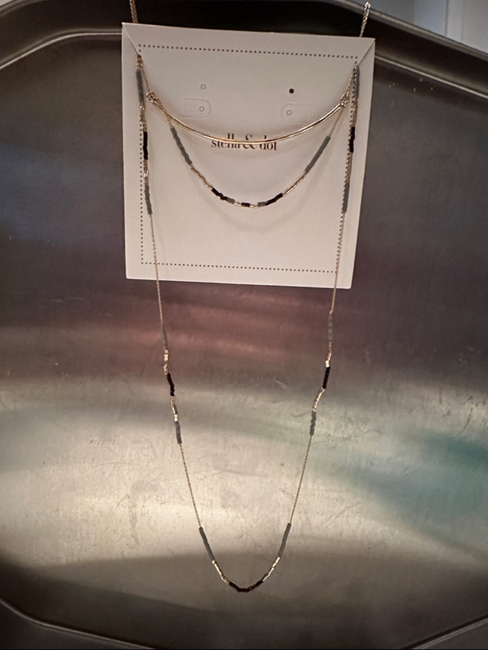 Stella & Dot Gold and Black Layered Bead Necklace with Gray Accents